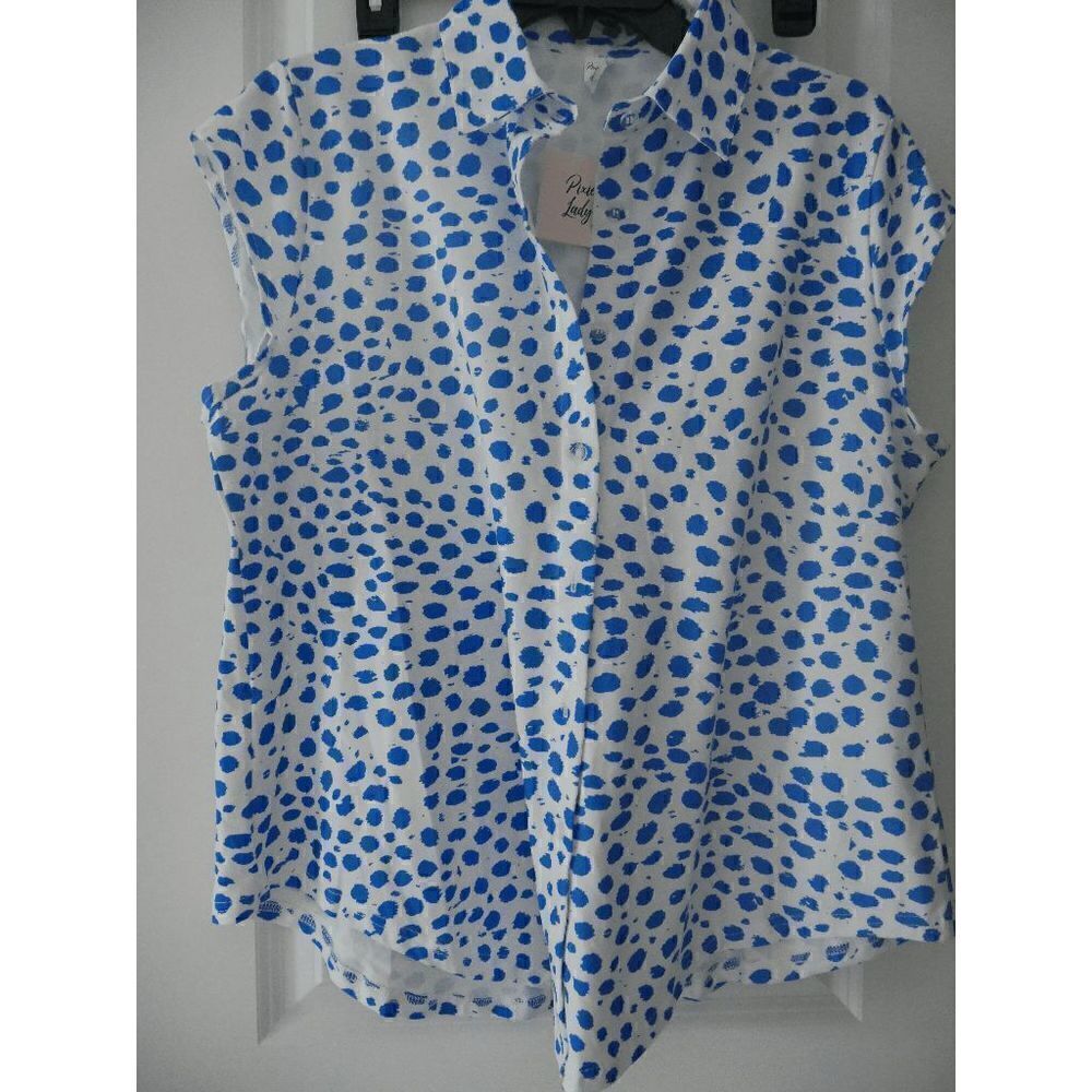 PixieLady White & Blue Abstract Cap-Sleeve Button-Up - Picture 2 of 9